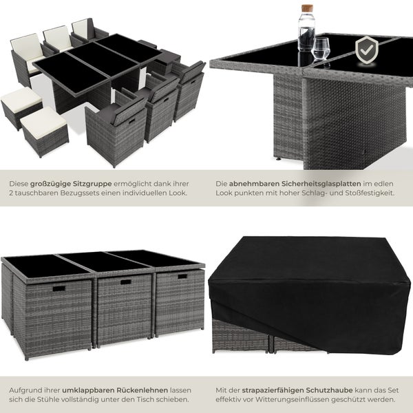 Rattan Sitzgruppe tectake New York 2 Bezugssets, zusammenschiebbar, inklusive Schutzhülle mit Aluminiumgestell grau