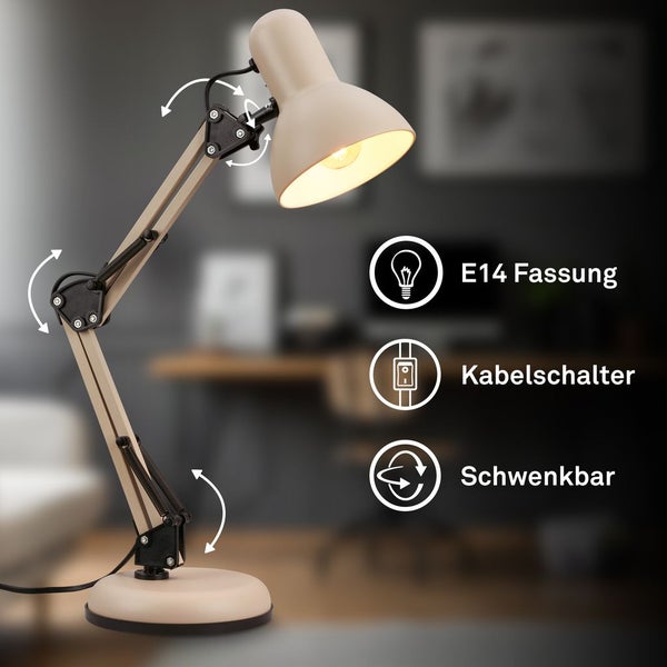 Schwenkbare Schreibtischlampe aus Metall mit E14-Fassung und Kabelschalter.