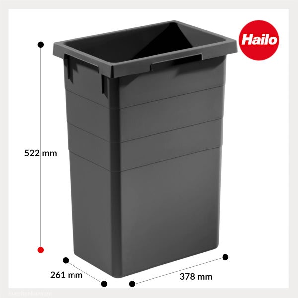 Hailo Abfalleimer aus dunkelgrauem Kunststoff, Höhe 522 Millimeter, Breite 261 Millimeter, Tiefe 378 Millimeter. Hailo Logo.