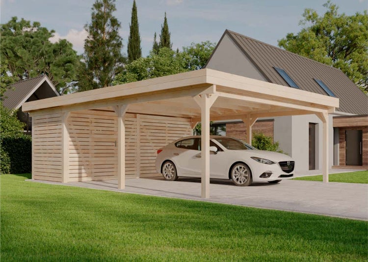 Alpholz Doppelcarport Freya Carport aus Holz, Unterstand inklusive Geräteraum, Überdachung mit Montagematerial, Naturbelassen