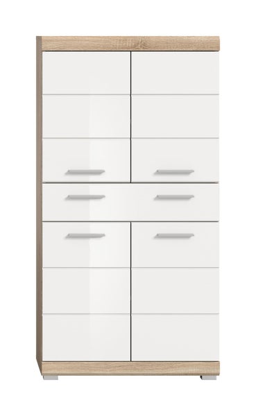 Modernes Highboard mit weißen Hochglanzfronten, Korpus in Eichenoptik, vier Türen und zwei Schubladen.