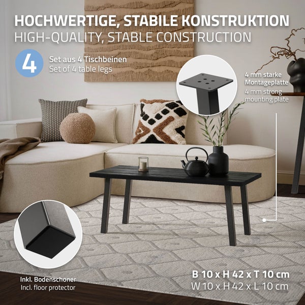 ML-Design 4er Set Tischbeine schräg 42 cm, Dunkelgrau Optik Industrial, aus pulverbeschichtetem Stahl, Profil 4x4cm, I-Form, Möbelfüße Metall 96° Neigung, Tischfüße Möbelbeine für Couchtisch, Sitzbank