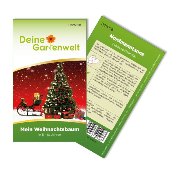 Samenpackung für eine Nordmanntanne der Marke Deine Gartenwelt. Vorderseite mit geschmücktem Weihnachtsbaum, Rückseite mit Aussaatanleitung.