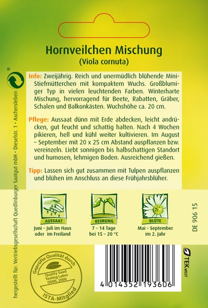 Rückseite einer Samentüte für Hornveilchen Mischung, Viola cornuta. Informationen zu Aussaat, Keimung und Blütezeit. Quedlinburger Saatgut Logo.