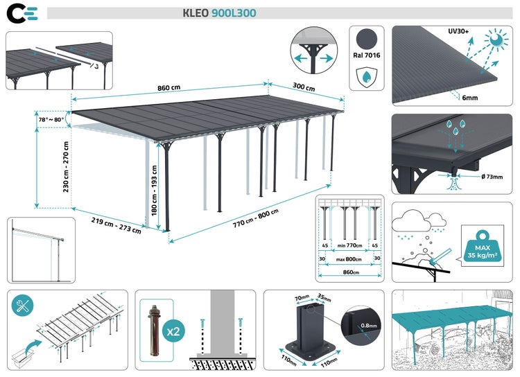 Angebaute Pergola/Carport 27m² KLEO 900L300 Aluminium Grau