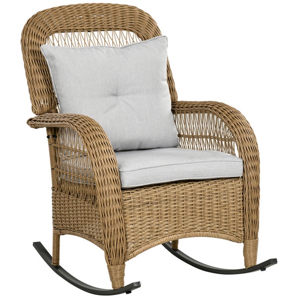 Outsunny Rattan Schaukelstuhl, Gartenstuhl mit Waschbaren Polsterbezüge, mit Kissen, für Hinterhof, Garten, Terrassen, 69 x 92 x 100 cm, Stahl, PE-Rattan, Polyester, Gelb