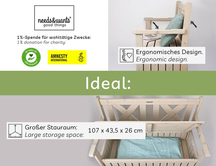 needs&wants® Gartenbank Holz wetterfest mit Stauraum und Abdeckung, 2-Sitzer Truhenbank Holzbank klassisch, Parkbank Sitzbank massiv Garten Outdoor mit Truhe, Naturholz Massivholz, grau-beige