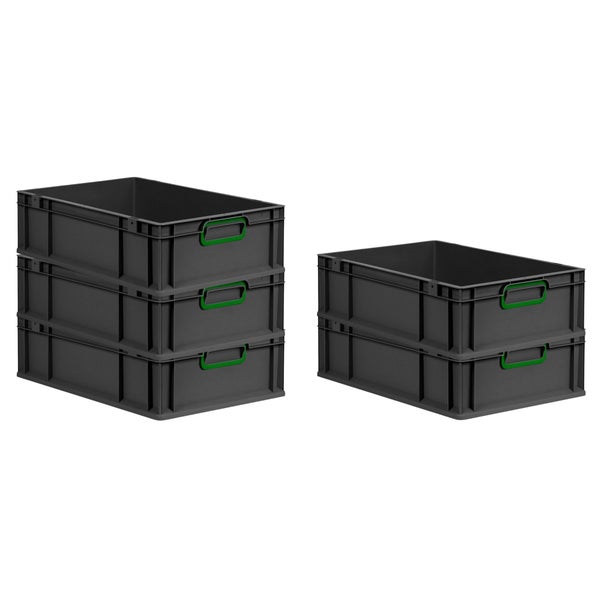 PROREGAL SuperSparSet 5x Eurobox NextGen Color, HxBxT 17x40x60cm, 34 Liter, Griffe grün geschlossen, Schwarz, Eurobehälter, Transportbox, Transportbehälter, Stapelbehälter