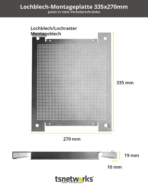 Lochblech Montageplatte 335x270mm für Erdung/Installation Antennenverstärker, Sat Multischalter, Elektro Montageblech, Lochrasterplatte