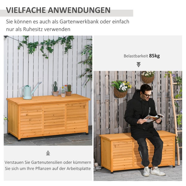 Gartenbank aus Holz mit Stauraum und einer maximalen Belastbarkeit von 85 Kilogramm