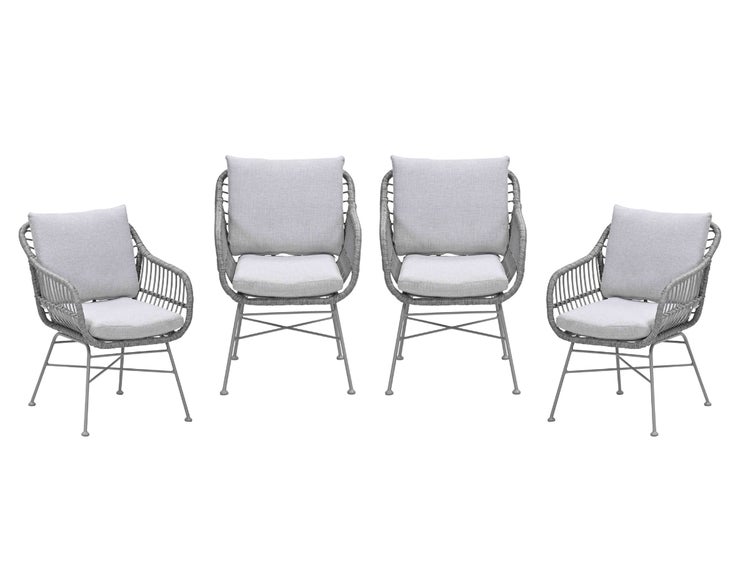 Vier Gartenstühle aus grauem Geflecht mit Metallbeinen und hellgrauen Sitz- und Rückenkissen.