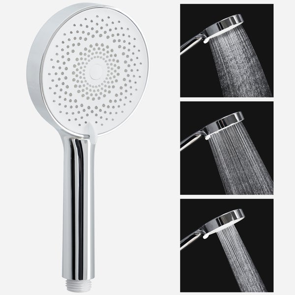 Handbrause in Chrom-Optik mit rundem Brausekopf und drei verschiedenen Strahlarten.