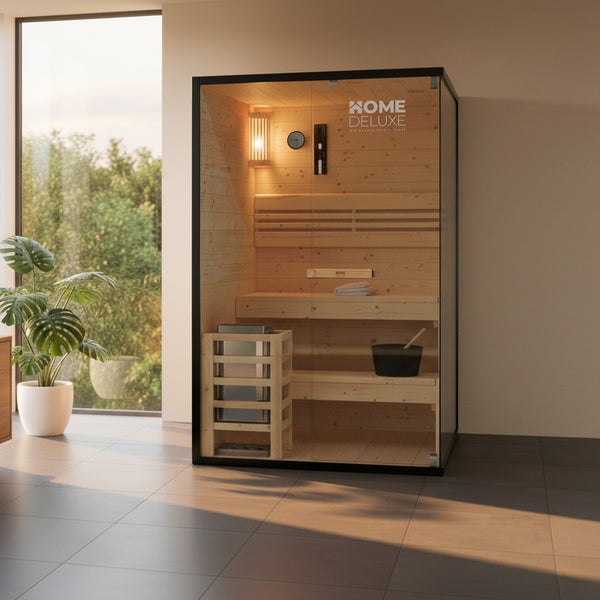 Moderne Heimsauna aus Holz mit Glasfront, Saunaofen und Sitzbank in einem hellen, geräumigen Innenraum, Home Deluxe Logo.