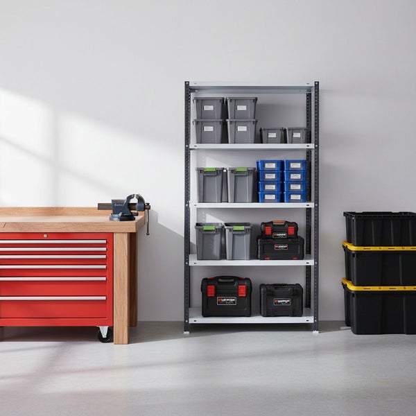 Organisierte, helle Werkstatt mit roter fahrbarer Werkbank, Metallregal mit grauen und blauen Lagerboxen sowie schwarzen Stapelbehältern.