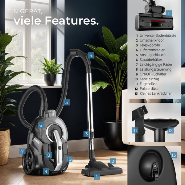 Staubsauger von tectake mit nummerierten Funktionen wie Bodendüse, Teleskoprohr, Staubbehälter und Zubehör in einem modern eingerichteten Raum.
