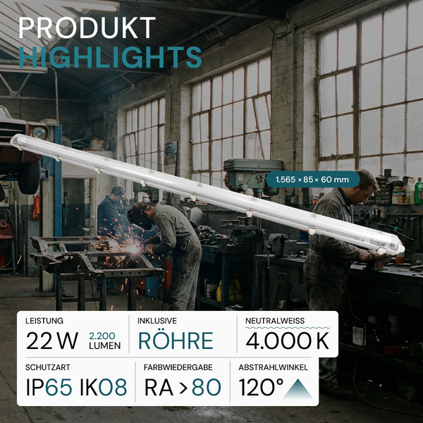 LED Feuchtraumleuchte für Werkstätten mit 22 Watt 2200 Lumen 4000 Kelvin und Schutzart IP65 IK08 in einer industriellen Werkstattumgebung