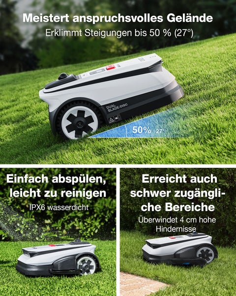 Mähroboter auf Rasen: Bewältigt Steigungen bis 50 Prozent, ist IPX6 wasserdicht und überwindet Hindernisse bis zu 4 Zentimetern Höhe.