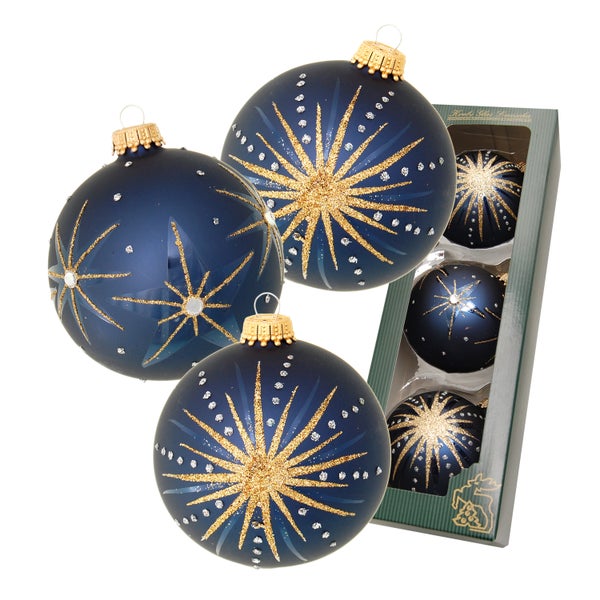 Sternennacht Cobalt, 3er Set, Glasstein, cobalt blau matt/gold, 8cm, 3 Stck., Weihnachtsbaumkugeln, Christbaumschmuck, Weihnachtsbaumanhänger