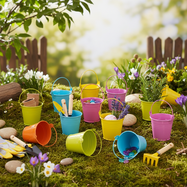 Kleine dekorative Metalleimer mit Gartenwerkzeug, Anzuchttöpfen und Pflanzen auf einer Moosfläche im Garten.