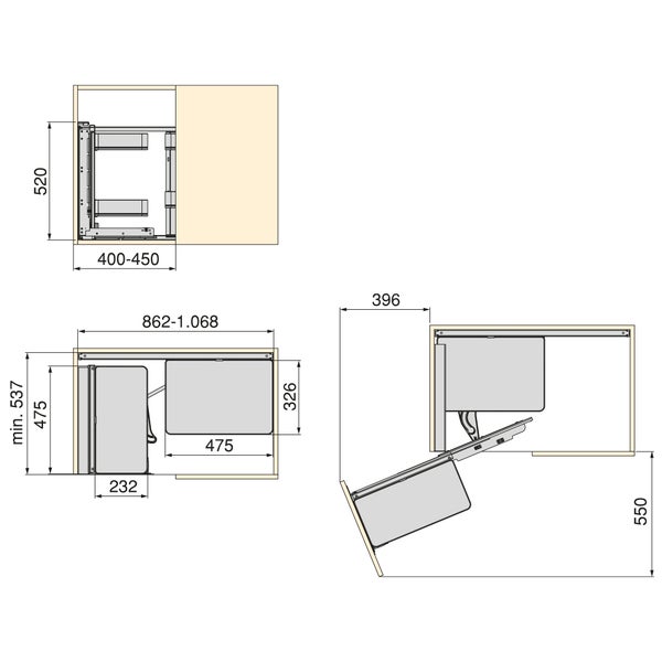 Technische Zeichnung eines Küchen-Eckschrank-Auszugsystems mit detaillierten Maßen in Millimetern für die Montage.