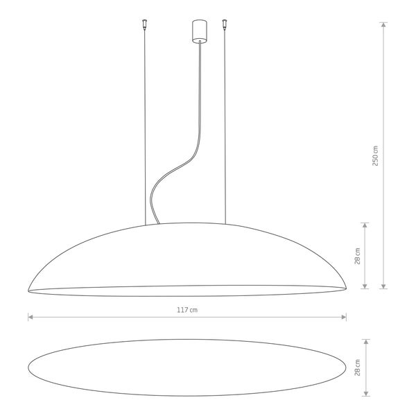 Technische Zeichnung einer Pendelleuchte mit Maßangaben: Breite 117 Zentimeter, Höhe 28 Zentimeter und eine Gesamthöhe von 250 Zentimeter.