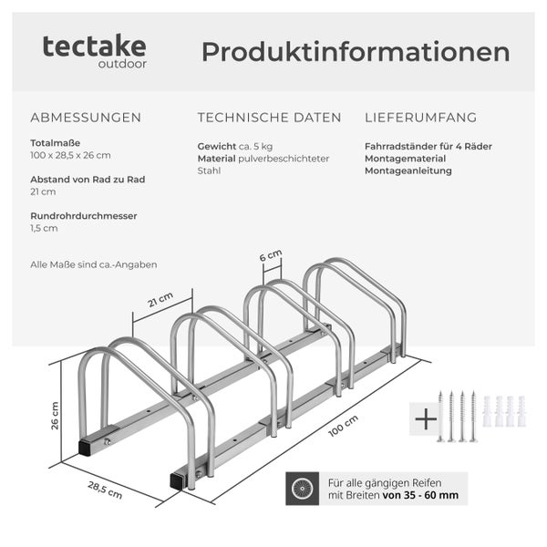 Fahrradständer tectake  von beiden Seiten befahrbar aus rostfreiem Stahl silber