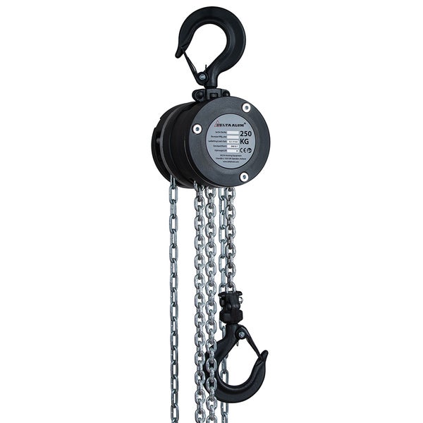 Delta Alum Kettenzug mit einer Tragkraft von 250 Kilogramm, ausgestattet mit Metallketten und robusten Haken zum Heben von Lasten.