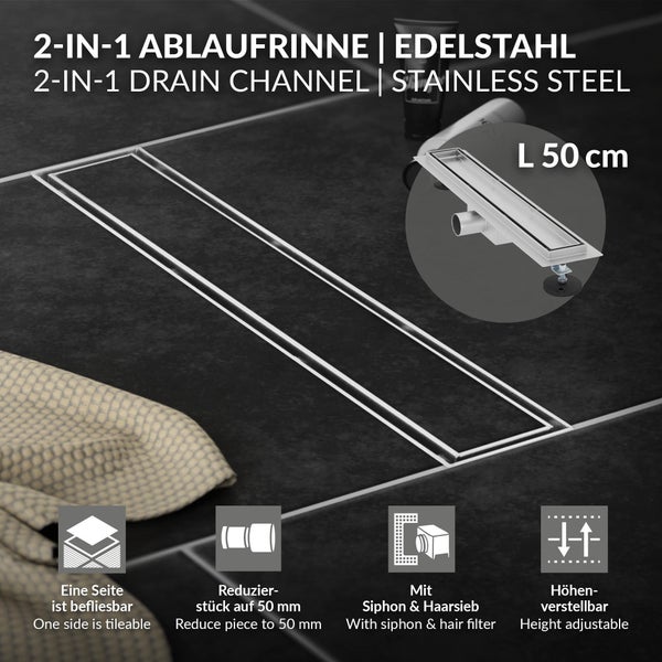 2-in-1 Duschrinne aus Edelstahl, 50 Zentimeter, befliesbar, höhenverstellbar, mit Siphon, Haarsieb und Reduzierstück auf 50 Millimeter.