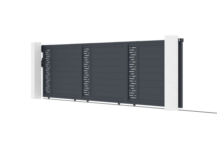 Dreiteiliges Teleskop-Schiebetor aus anthrazitfarbenem Metall mit dekorativen Lochblech-Elementen zwischen zwei weißen Pfosten.