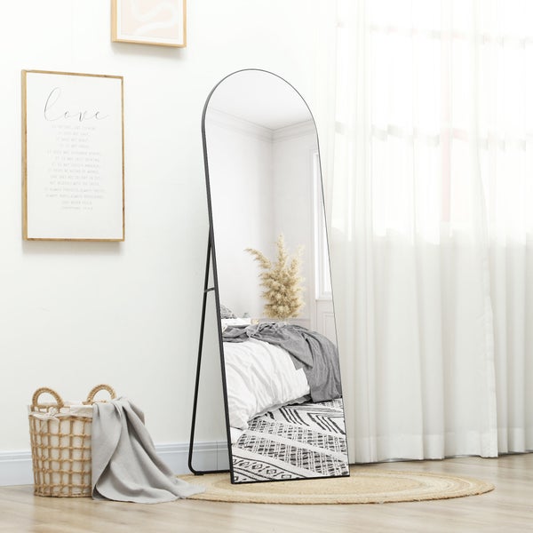 HOMCOM Ganzkörperspiegel, 150 x 50 cm Wandspiegel mit Ständer, Bogen-Design, Standspiegel mit Splitterschutzfolie, für Wohnzimmer, Schlafzimmer, Schwarz