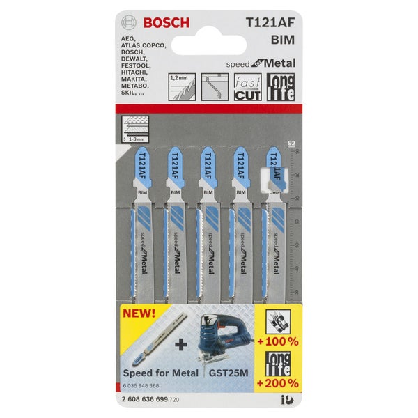 Bosch 5x Stichsägeblatt T 121 AF Speed for Metal - 2608636699