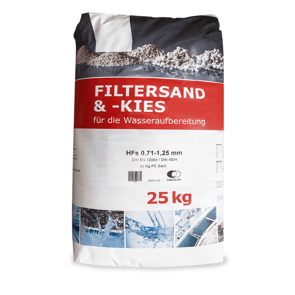 Filtersand und Filterkies für die Wasseraufbereitung, Körnung 0,71 bis 1,25 Millimeter, 25 Kilogramm Sack, Interseroh Logo.