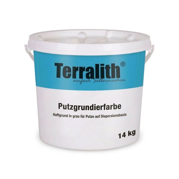 Terralith Putzgrundierfarbe 14 Kilogramm, grauer Haftgrund für Putze auf Dispersionsbasis.