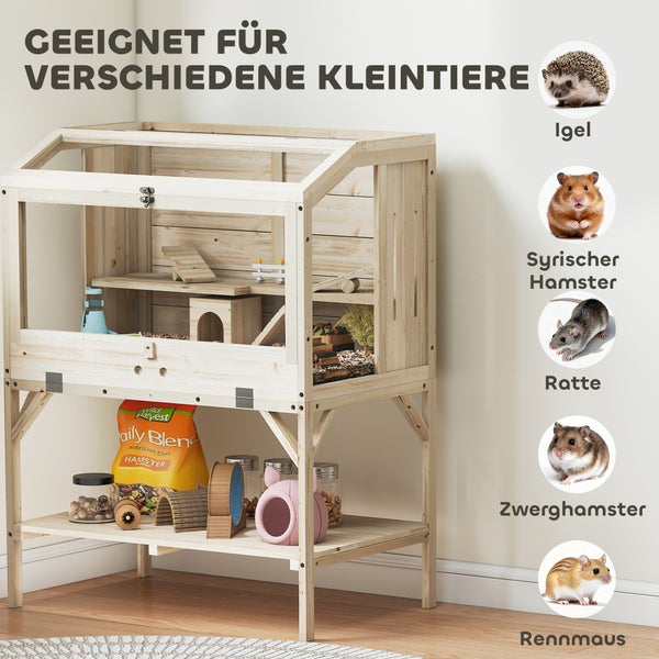 Zweistöckiges Kleintierheim aus Holz auf einem Gestell mit Ablagefläche, geeignet für Igel, Hamster, Ratten und Rennmäuse.
