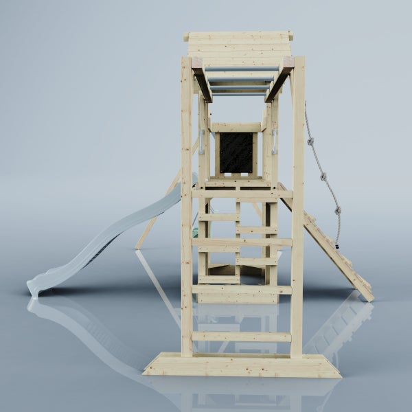 Spielturm aus Holz mit Rutsche, Kletterwand, Strickleiter und Tafel