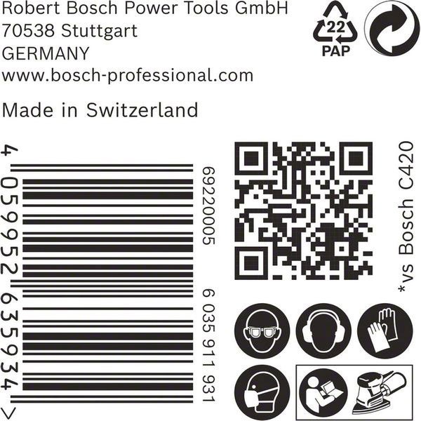 Informationen zu Robert Bosch Power Tools, Recyclinghinweis Papier, Barcode, QR-Code und Sicherheitshinweise