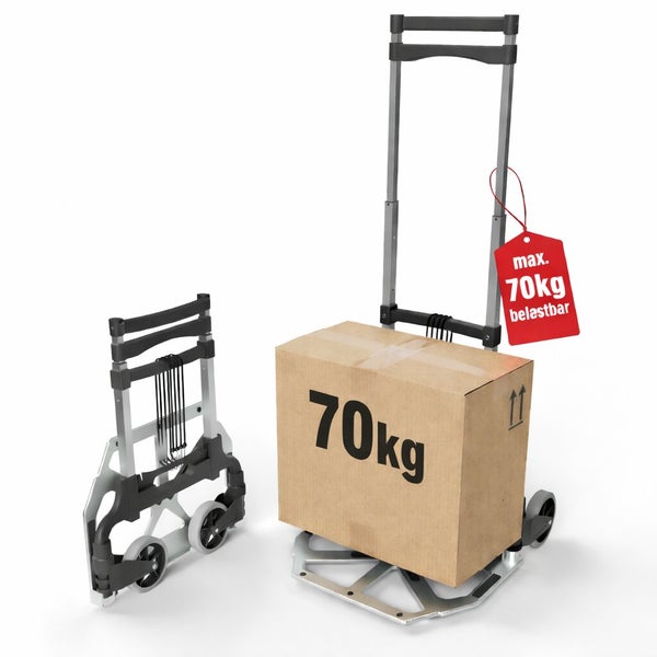 Zusammenklappbare Sackkarre aus Aluminium mit einer Tragkraft von 70 Kilogramm inklusive Karton auf der Ladefläche.