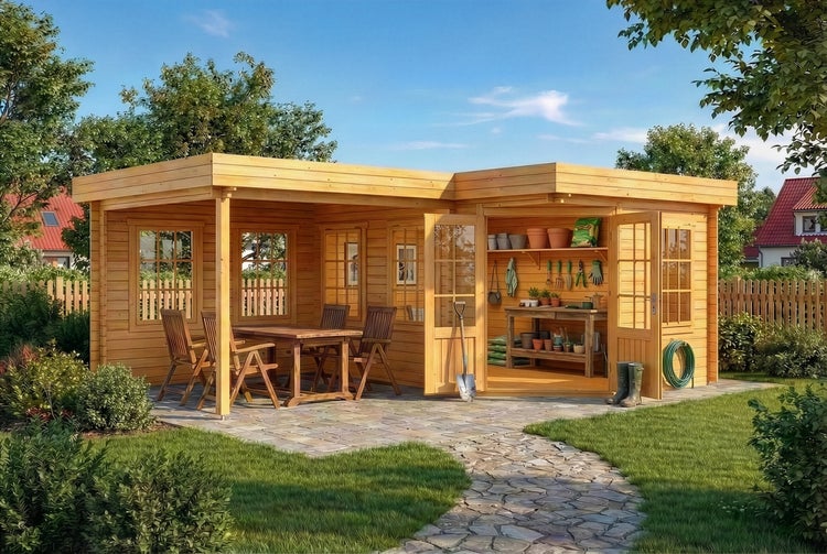 Modernes Gartenhaus aus Holz mit Flachdach, überdachter Terrasse, Sitzgruppe und integriertem Geräteraum inklusive Regalen und Werkbank.