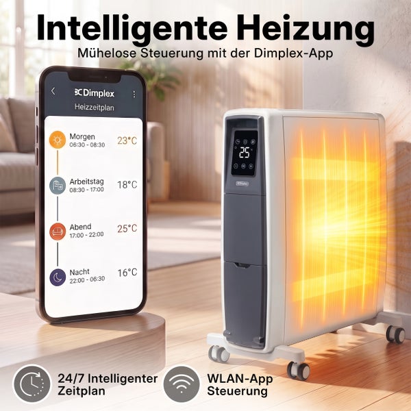 Mobiler Dimplex Elektroheizkörper mit WLAN Steuerung über App und programmierbarem Zeitplan in einem Wohnraum.