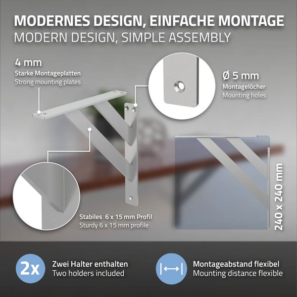 ML-Design 4 Stück Regalhalterung 240x240 mm, Silber, Aluminium, Schwebende Regalhalterungen, Regalwinkel, Wandhalterung für Regalbrett, Regalträger für Wandmontage, Wandregal Wandkonsole Regalstütze
