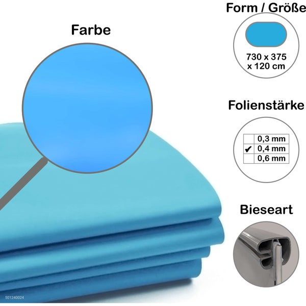 Pool-Ersatzfolie für ovale Pools der Größe 730 mal 375 mal 120 Zentimeter mit einer Folienstärke von 0,4 Millimeter.
