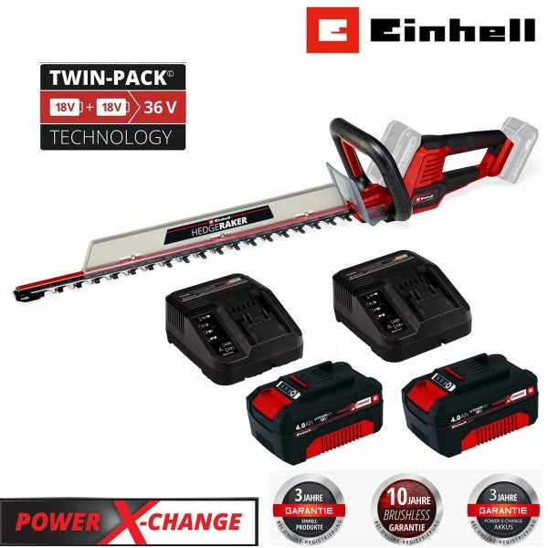 Einhell Akku Heckenschere mit zwei Akkus und zwei Ladegeräten für 36 Volt Twin Pack Technologie