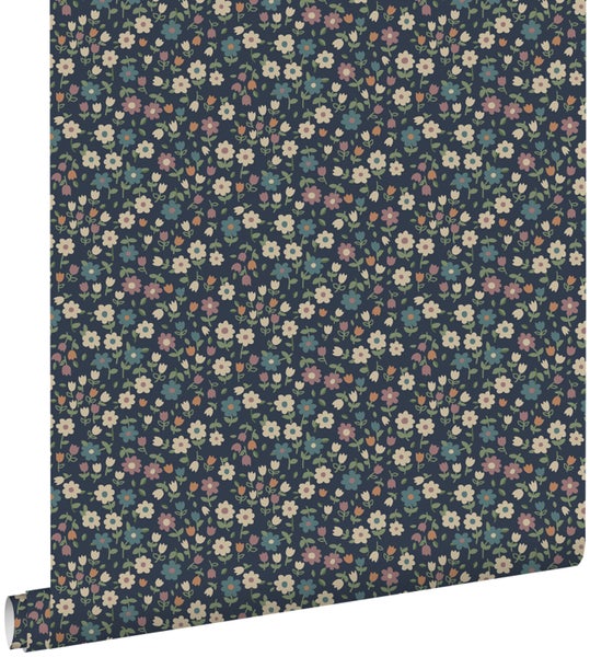 ESTAhome Tapete Blumen Dunkelblau, Violettrosa und Graugrün - 0.53 x 10.05 m - 139471