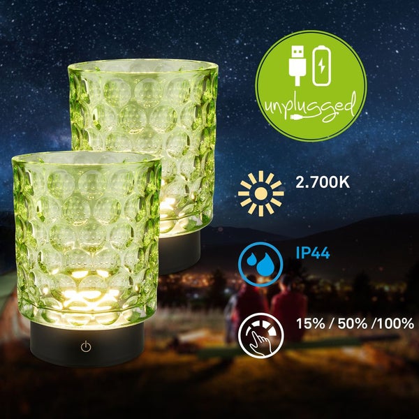 Zwei kabellose LED-Tischleuchten aus grünem Strukturglas, USB-aufladbar, warmweiß 2700 Kelvin, IP44 spritzwassergeschützt, dimmbar in drei Stufen.