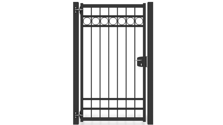 Gartentor ZAUNGURU BASIC-Linie Oldenburg Kreis aus Metall, Höhe: 183cm, Breite: 123cm, 1-flügelig inkl. Pfosten, Schloss und Zubehör, Feuerverzinkt und in RAL 7016 Anthrazitgrau pulverbeschichtet