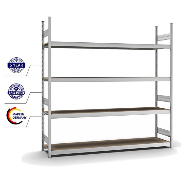 PROREGAL Weitspannregal Stecksystem T-Profil Grundregal HxBxT 250x250x50 cm 4 Ebenen Spanplatten Fachboden Fachlast 350 kg Verzinkt