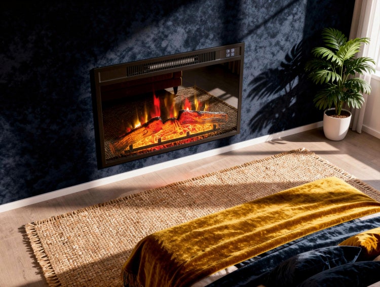 Wohnzimmer mit Elektrokamin, Teppich und Zimmerpflanze