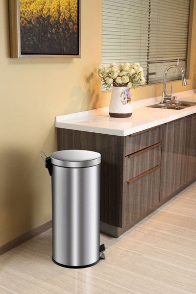 PROREGAL Runder Tretabfallsammler Mit Herausnehmbaren Kunststoff Inneneimer 30 Liter HxBxT 64 x 30 x 33 cm Edelstahl