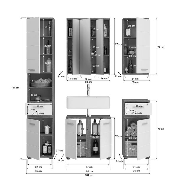 Maßskizze Badezimmermöbel: Hochschrank, Spiegelschrank, Hängeschrank, Unterschrank und Beistellschrank. Maße in Zentimetern.