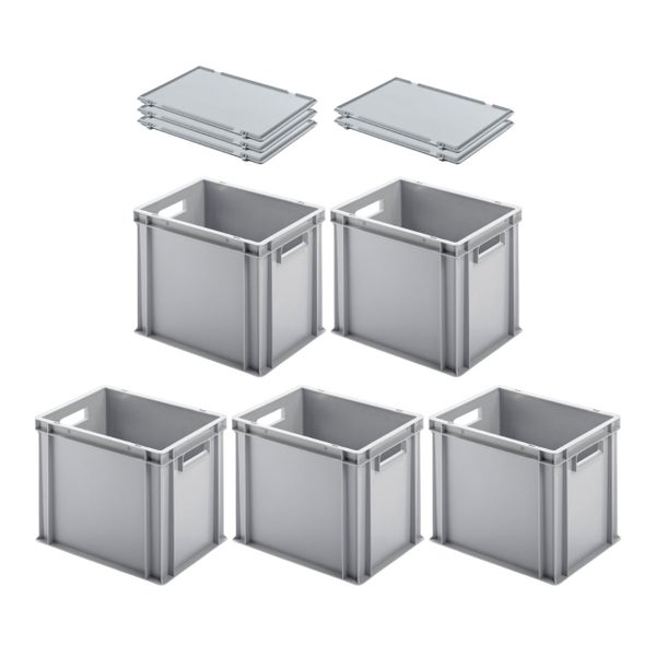 PROREGAL SuperSparSet 5x Eurobehälter mit Offenem Griff und Scharnierdeckel HxBxT 32 x 30 x 40 cm 29 Liter Grau Eurobox Transportbox
